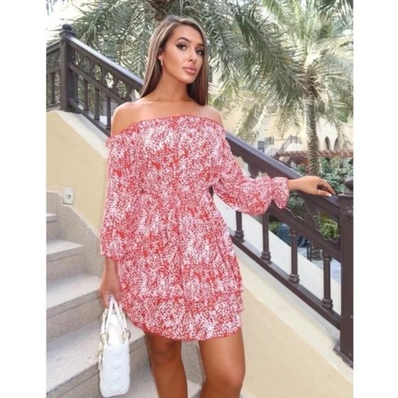 Red Floral Print Long Sleeve Off Shoulder Tiered Mini Dress - Picture 7 of 12